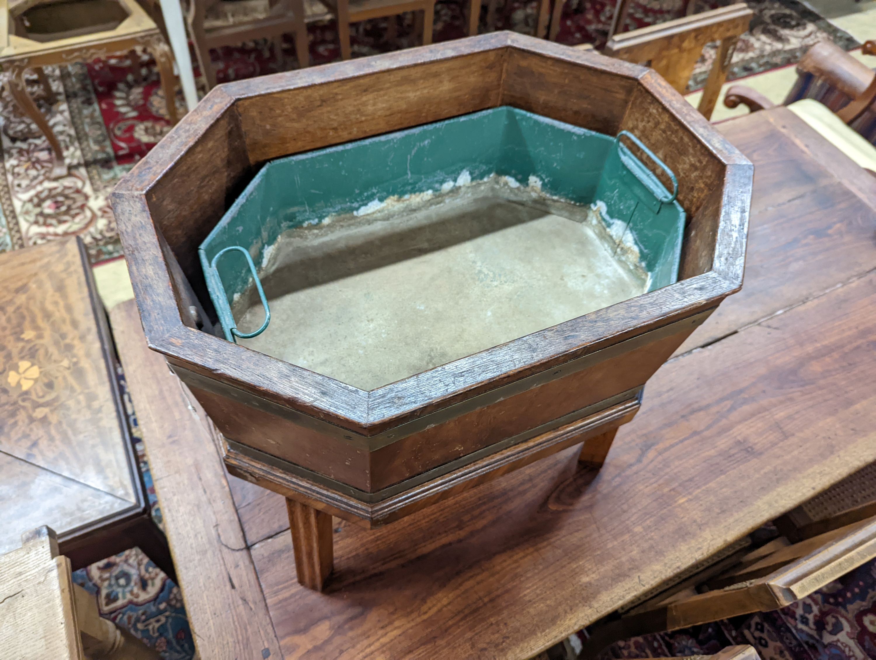 A George III style octagonal brass bound wine cooler. W-55cm, D-40cm, H-49cm.